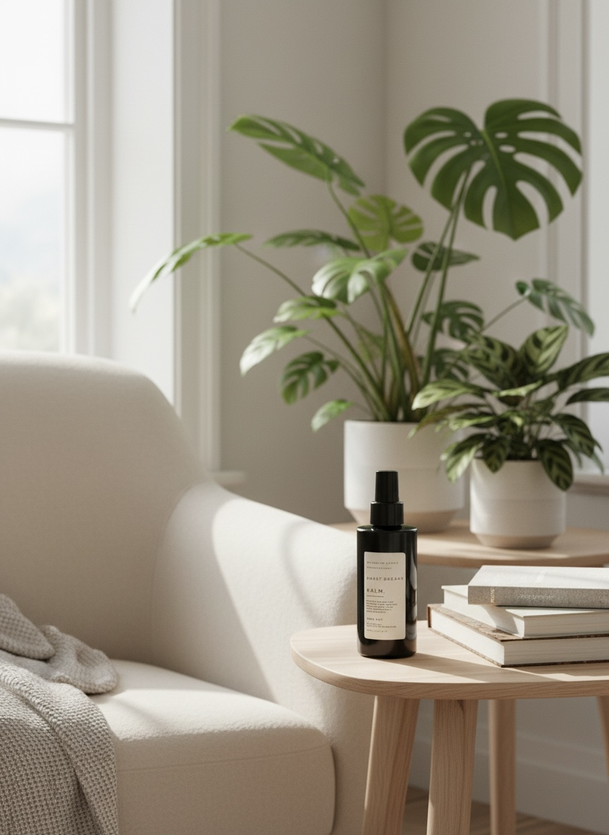 A living room with a white sofa, a small round wooden table with a bottle and books, and potted plants.